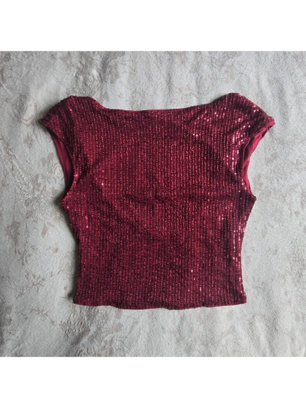red sequin high neckline going out crop top